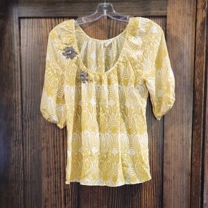Anthropologie Yellow and Cream Blouse Size 8